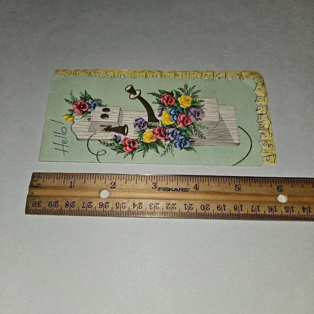 VTG Hello Best Wishes Embossed Greeting Card Scalloped Flowers NEVER USED